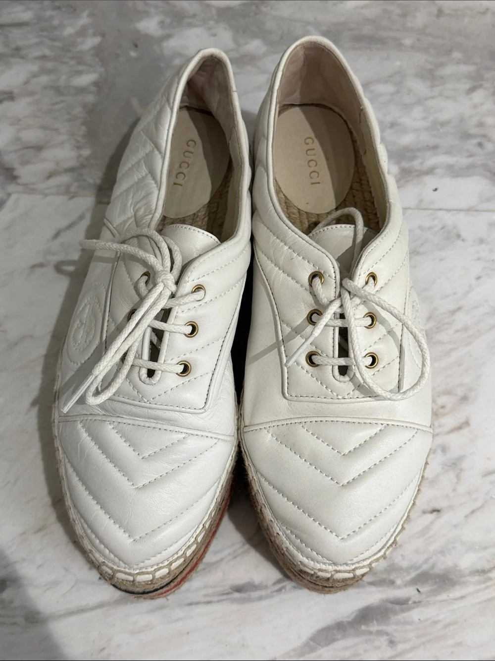 Gucci White Quilted Leather Platform Espadrille Sneakers with Red & Navy Stripes
